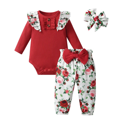 Newborn infant baby girl 3-piece spring autumn clothes set with knitted long sleeve red bodysuit, floral printed pants, and matching bow headband