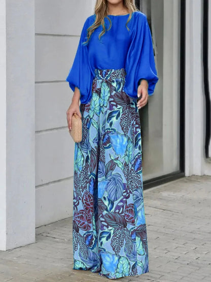 Women's 2 Piece Set 2024 New Fashion Autumn Solid Long Sleeve T-shirts & Digital Print Wide Leg Pants Suit Woman Pants Set Good Vibrations