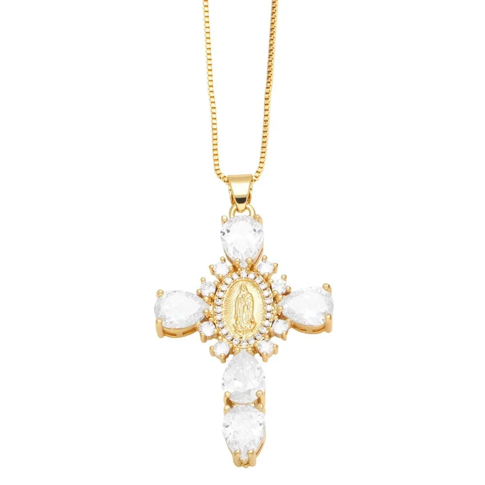 Retro European Style Zircon Cross Necklace Gilded Luxury Crystal Crucifix Necklace Religious Catholic Crucifix Pendant Chain Good Vibrations