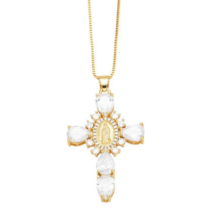 Retro European Style Zircon Cross Necklace Gilded Luxury Crystal Crucifix Necklace Religious Catholic Crucifix Pendant Chain Good Vibrations