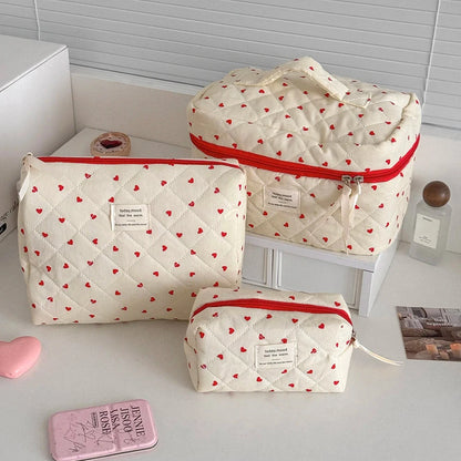 Ins Fashion Heart Women Quilted Makeup Bag Large Capacity Toiletry Cosmetic Storage Pouch Handbag Ladies Zipper Make Up Bag Good Vibrations