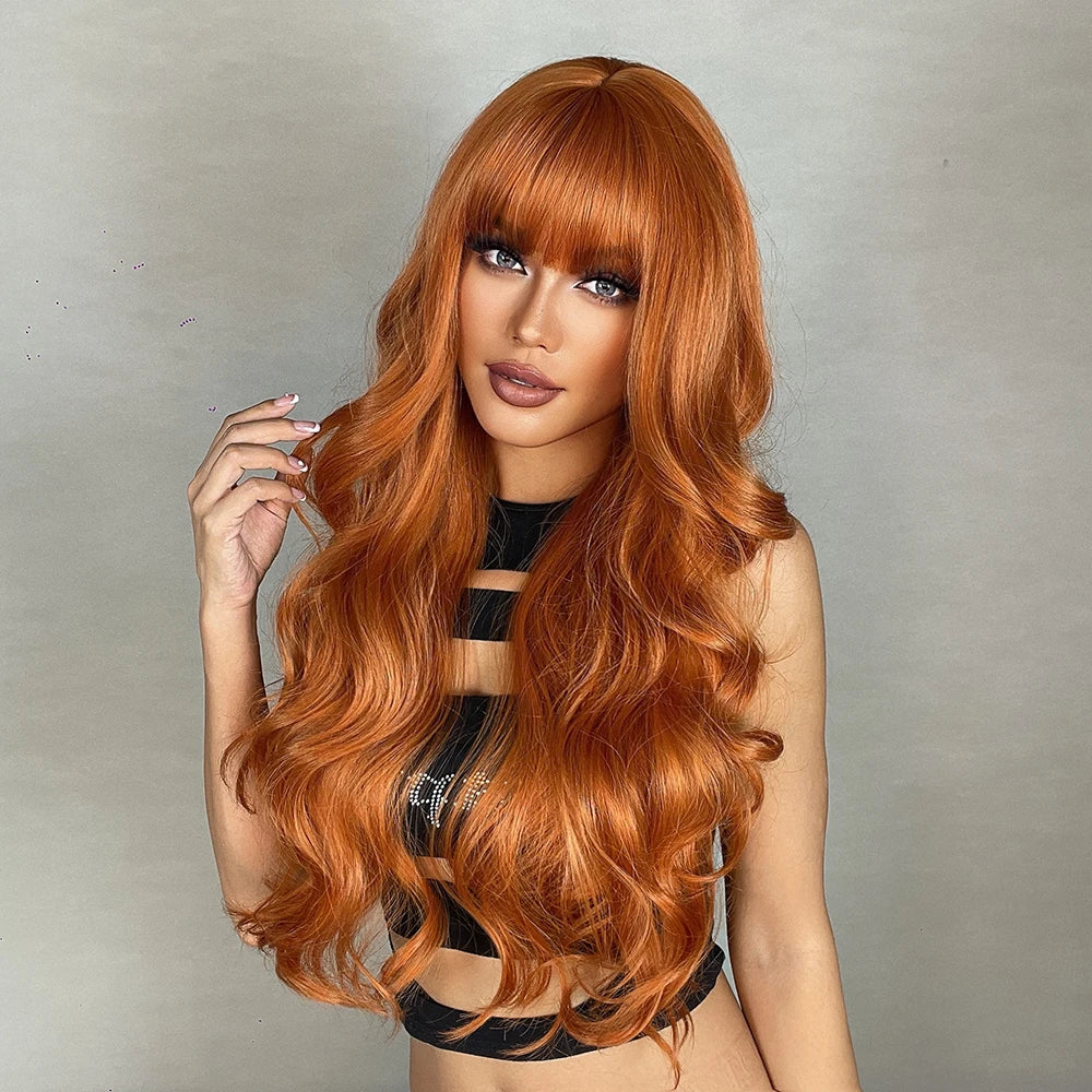 Ginger Orange Synthetic Wigs for Black Women Long Wavy Wigs with Bangs Cosplay Colored Hair Heat Resistant Body Wave Party Wig Good Vibrations