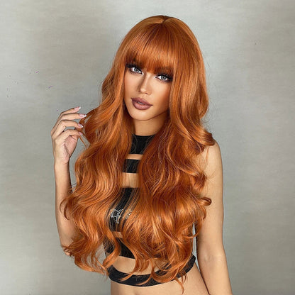 Ginger Orange Synthetic Wigs for Black Women Long Wavy Wigs with Bangs Cosplay Colored Hair Heat Resistant Body Wave Party Wig Good Vibrations