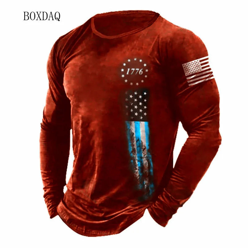 American Flag Pattern Men T-shirts Spring Autumn Long Sleeve 3d Print Street Fashion Tee 6XL Plus Size Male Clothing Casual Tops Good Vibrations