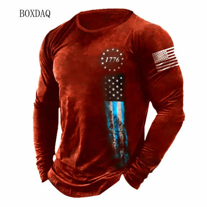 American Flag Pattern Men T-shirts Spring Autumn Long Sleeve 3d Print Street Fashion Tee 6XL Plus Size Male Clothing Casual Tops Good Vibrations