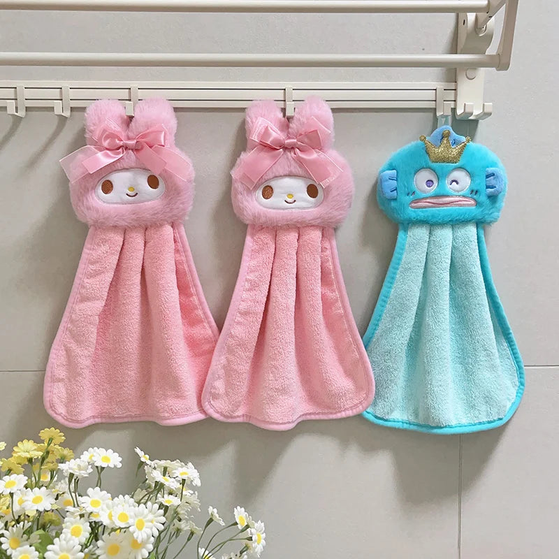 Cute My Melody Hangyodon Hand Towels Home Bathroom Kitchen with Hanging Loop Thickened Speed Dry Absorbent Hand Cloth Good Vibrations