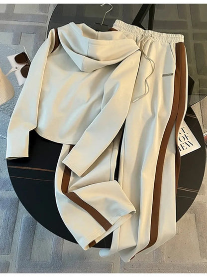 Woman's Hooded Casual Two-piece Set Fashion Zipper Long Sleeves Coat Lace-up Long Pant Suit Autumn Winter Ladies Office Outfit Good Vibrations