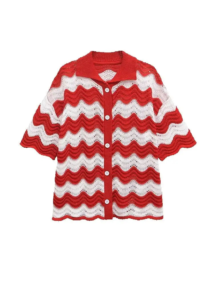 Women Temperament Single Breasted Short Sleeve Top Two Piece Set Fashion Sweet Turn-down Collar Knitted Top Sets Shorts Good Vibrations