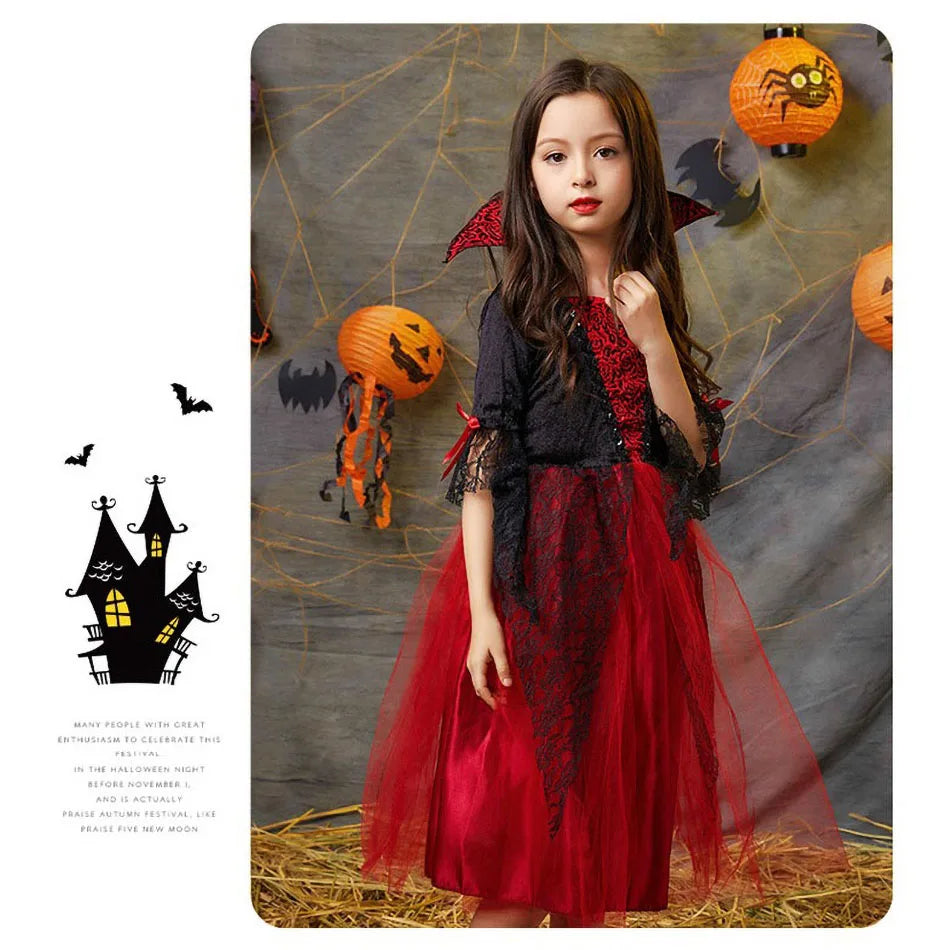 Vampire Costume for Girls Halloween Princess Party Dress Kids Cosplay Dresses Children Stand Collar Tulle Lace Black Red Clothes - Good Vibrations