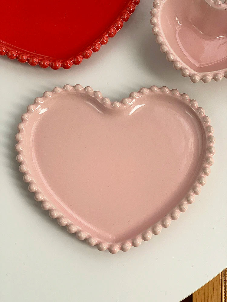 Creative Pink Bead Dots Ceramic Heart Dinner Plate Tableware Home Dessert Cake Plate Porcelain Salad Plate Kitchen Utensils New Good Vibrations
