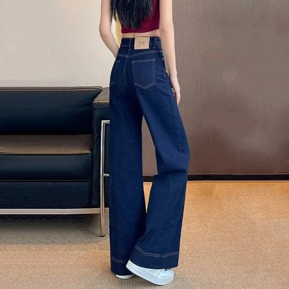 Girls Fashion Korean Straight Casual Jeans Female Baggy High Waist Wide Leg Denim Pants Women Classic Wash Dark-blue Trousers Good Vibrations