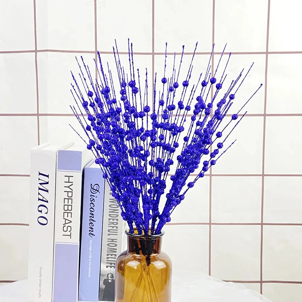 Christmas Tree Decoration, Fake Glitter Berry Leave, Dried Branch, Golden Powder, Flower Material, New Year Party, 1Pc, 12 Forks Good Vibrations