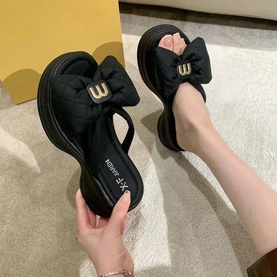 Women's Sandals New Korean Edition Casual Beach Shoes Versatile Thick Sole Shoes Bow Slippers Women's Outwear Summer