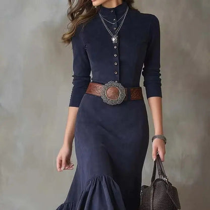 Vintage Western Style Dress Button Temperament High Neck Suede Slim Fit Irregular Hem Long Skirt with Belt Good Vibrations