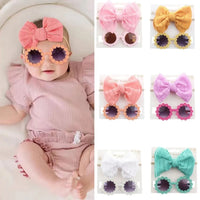 2pcs/set Soft Elastic Children Bowknot Headband Cotton Solid Color Baby Bows Turban Wide Kids Sunglasses Set Girls Headdress Good Vibrations