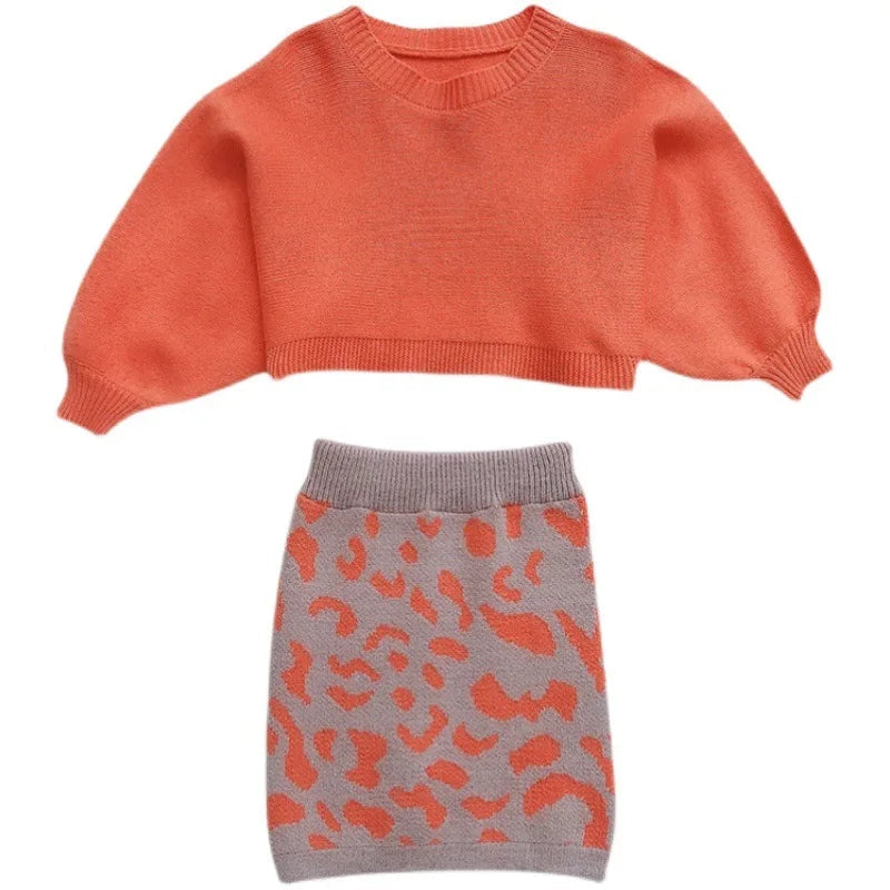 Girls Sweater Sets 2024 Autumn and Winter Knit Set Girls Orange Knit Top+Geometric Printed Skirt Two Piece Set 2-8T Kids Good Vibrations