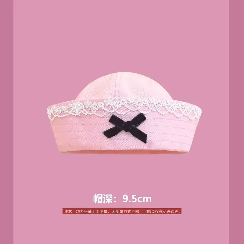 Y2K Striped Bow Flower Rhinestone Sailor JK Beret Navy Hats for Women Summer Niche Flipped Nurse Cosplay Beret Cap Sombreros Good Vibrations