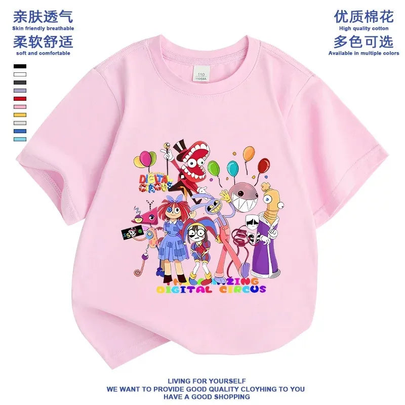 2026 Pure cotton boys and girls' short-sleeved T-shirt summer children's clothing cartoon magic digital circus children's top Good Vibrations
