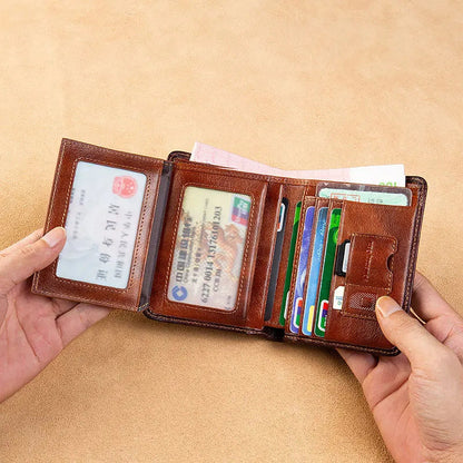High Quality Genuine Leather Men Wallets Golden Bitcoin Sign Printing Short Card Holder Purse Billfold Men's Wallet BK1003 Good Vibrations