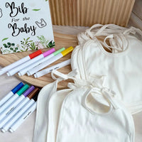 BabyShower Games Bibs DIY Design Games, Include Wooden Game Sign with 20 Bibs 12 Marker for BabyShower Guestbook Gender Reveal Good Vibrations