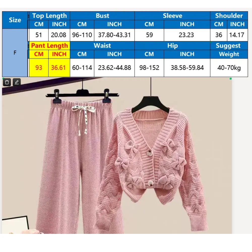 Two Piece Set For Women New In Sweater Matching Sets Korean Sweet Bow Outfit Long Sleeve Cardigan Knitwear Wide Leg Pants Set Good Vibrations