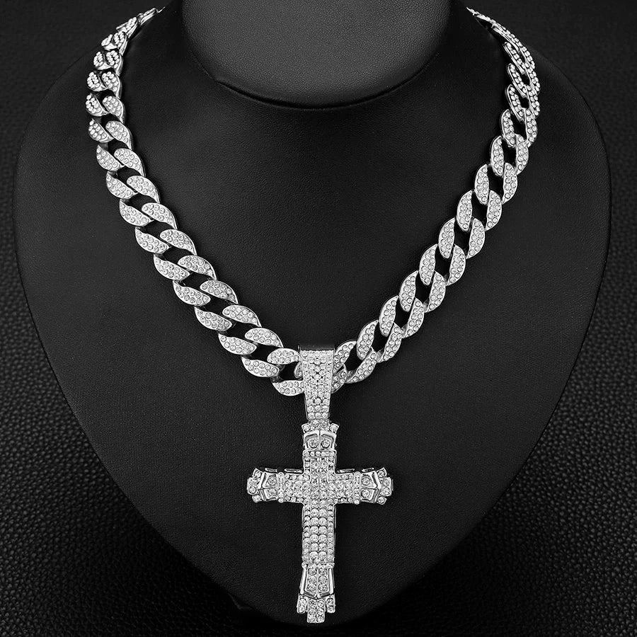 Cross Cross Pendant Necklace For Men Hip Hop Cuban Chain Bling Jewelry With Crystal Miami Cuban Chain fashion jewelry Good Vibrations