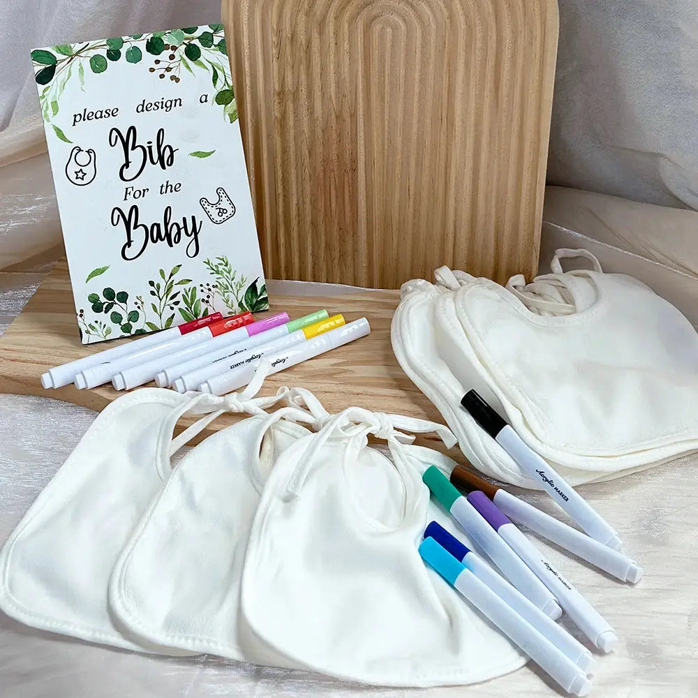 BabyShower Games Bibs DIY Design Games, Include Wooden Game Sign with 20 Bibs 12 Marker for BabyShower Guestbook Gender Reveal Good Vibrations