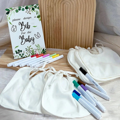 BabyShower Games Bibs DIY Design Games, Include Wooden Game Sign with 20 Bibs 12 Marker for BabyShower Guestbook Gender Reveal Good Vibrations