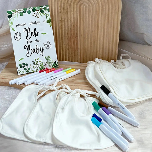 BabyShower Games Bibs DIY Design Games, Include Wooden Game Sign with 20 Bibs 12 Marker for BabyShower Guestbook Gender Reveal Good Vibrations