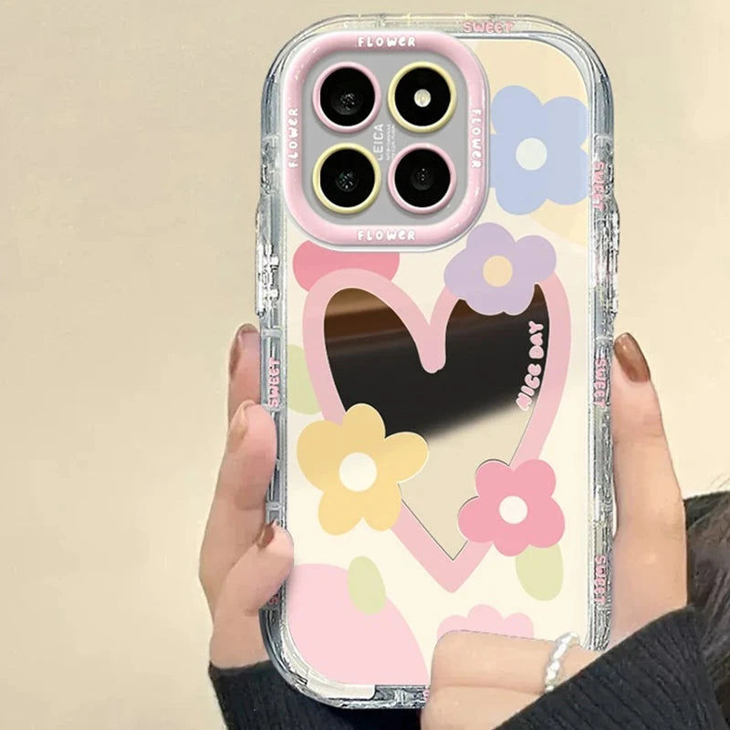 Cute Cartoon Flower Mirror Case for iPhone 15 14 13 Pro Max 12 11 15Pro Love Heart Colorful Make Up Ins Korean Shockproof Cover Good Vibrations
