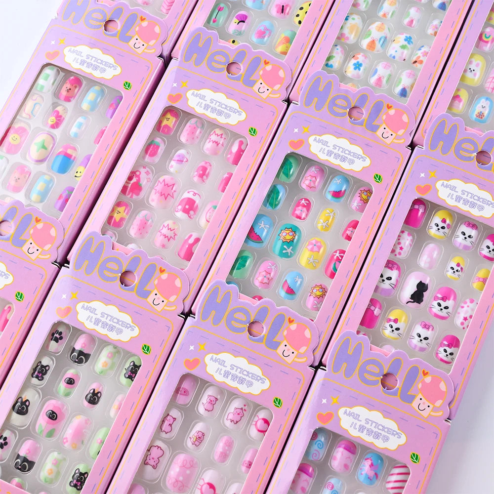 24Pcs/box Kids nails for Girl Cartoon Pattern False Nail Cute Child Fake Nails Tips Kawaii Acrylic Artificial Press on Nail+Tool Good Vibrations