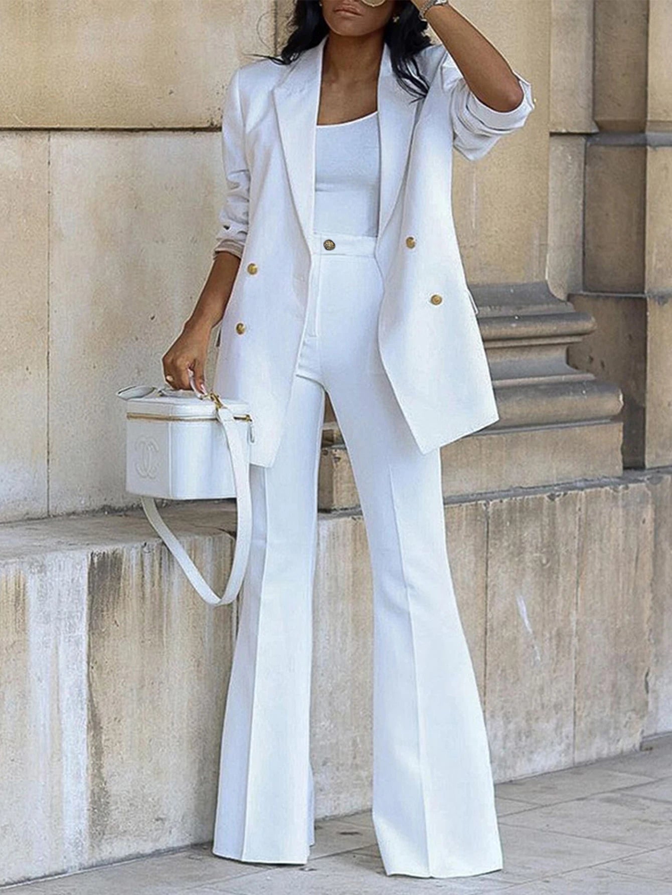 Women's Sets All Season Decent Business Plain Double Breasted Long Sleeve Lapel High Waist Full Length Formal Pants Sets Good Vibrations