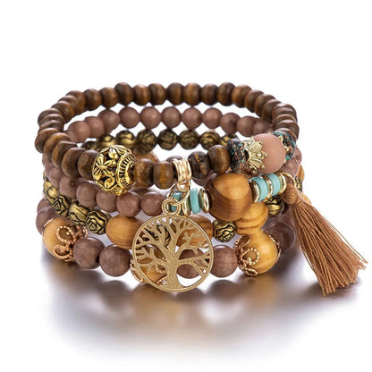 4Pcs/Set Boho Wooden Beaded Bracelet Set For Women Tree Of Life White Tassels Charm Elastic Chain Bangle Lady Bohemia Jewelry Good Vibrations
