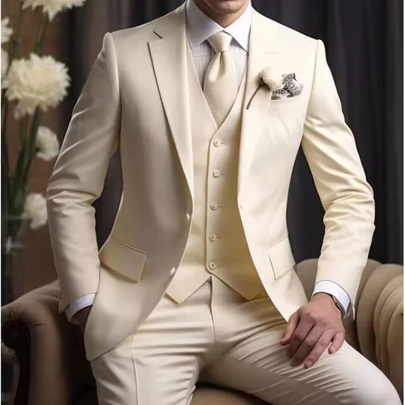 Elegant Wedding Suits for Men 2025 Solid Color Blazer Slim Fit 3 Pcs Jacket Pants Vest Costume Homme Formal Party Male Clothing Good Vibrations