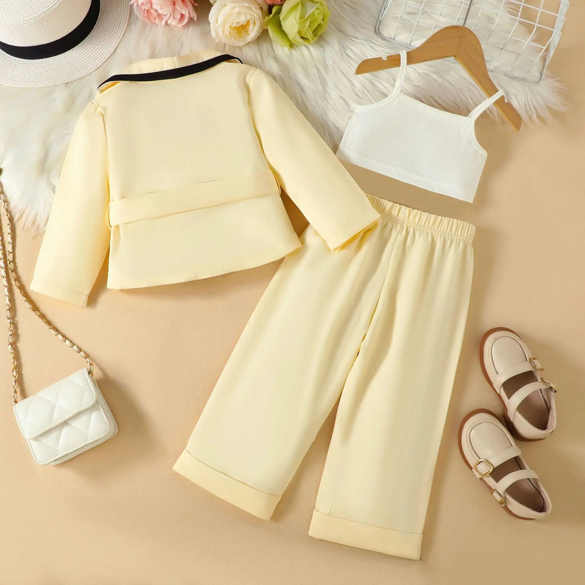 Ceeniu 4pcs Elegant Suit For Girls Children's Clothing Belted Turn-Down Collar Jacket+Camisole+Pants Luxury Girls Blazer Sets Good Vibrations