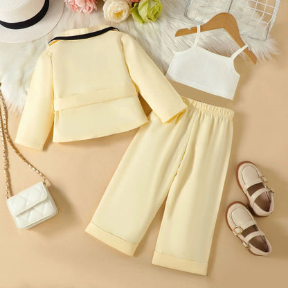 Ceeniu 4pcs Elegant Suit For Girls Children's Clothing Belted Turn-Down Collar Jacket+Camisole+Pants Luxury Girls Blazer Sets Good Vibrations