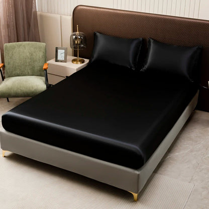 1Pc Satin Fitted Sheet Solid Colour Twin Full Queen Ice Silk Mattress Cover Natural With Elastic Band Bed Sheet (No Pillowcase) Good Vibrations