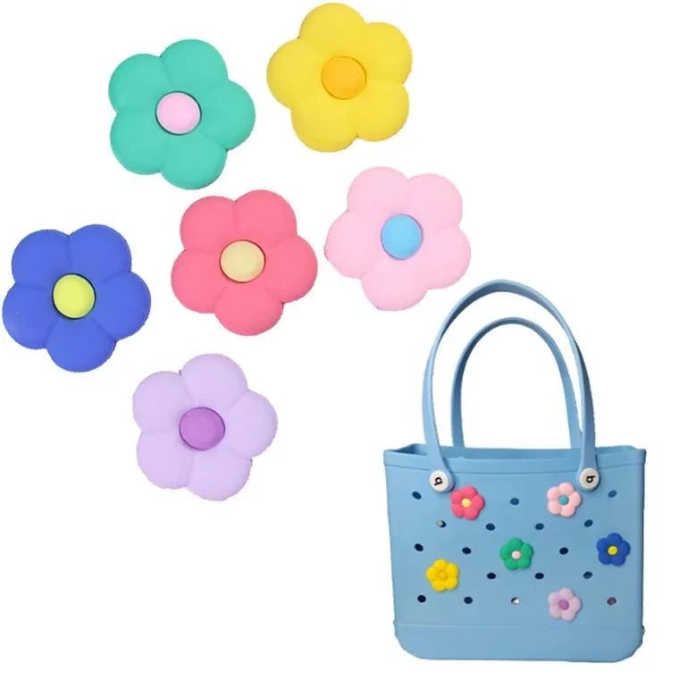 6pcs Beach Bags Flower Charms, Accessories Decoration For Rubber Totes Bag, Summer Croc Charms For Bag Good Vibrations