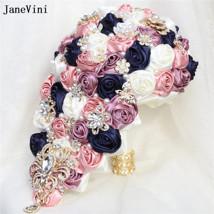 JaneVini Elegant Korean Light Blue Cascading Flowers Crystal Waterfall Bridal Bouquets Pearl Ribbon Roses Wedding Brooch Bouquet Good Vibrations
