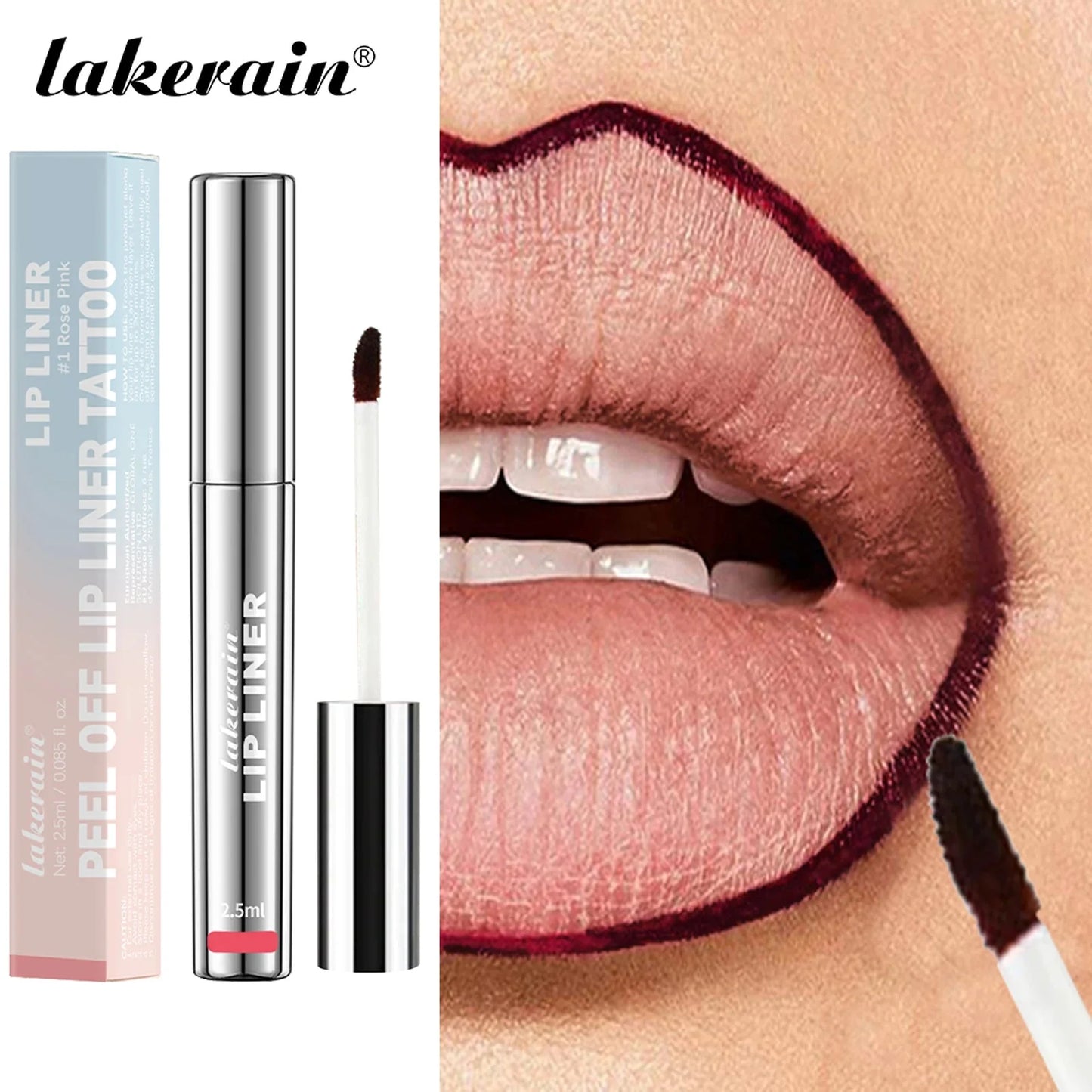 lakerain peel off lip liner tattoo in silver packaging with applicator and model applying dark lip liner around lips