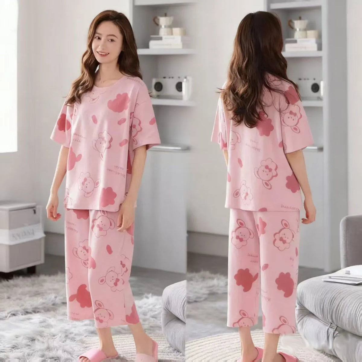 2-piece Set Women Cartoon Casual Homewear Clothes Girls Sleepwear Women Summer Short-sleeve Three-quarter Pants Pajama Set Good Vibrations