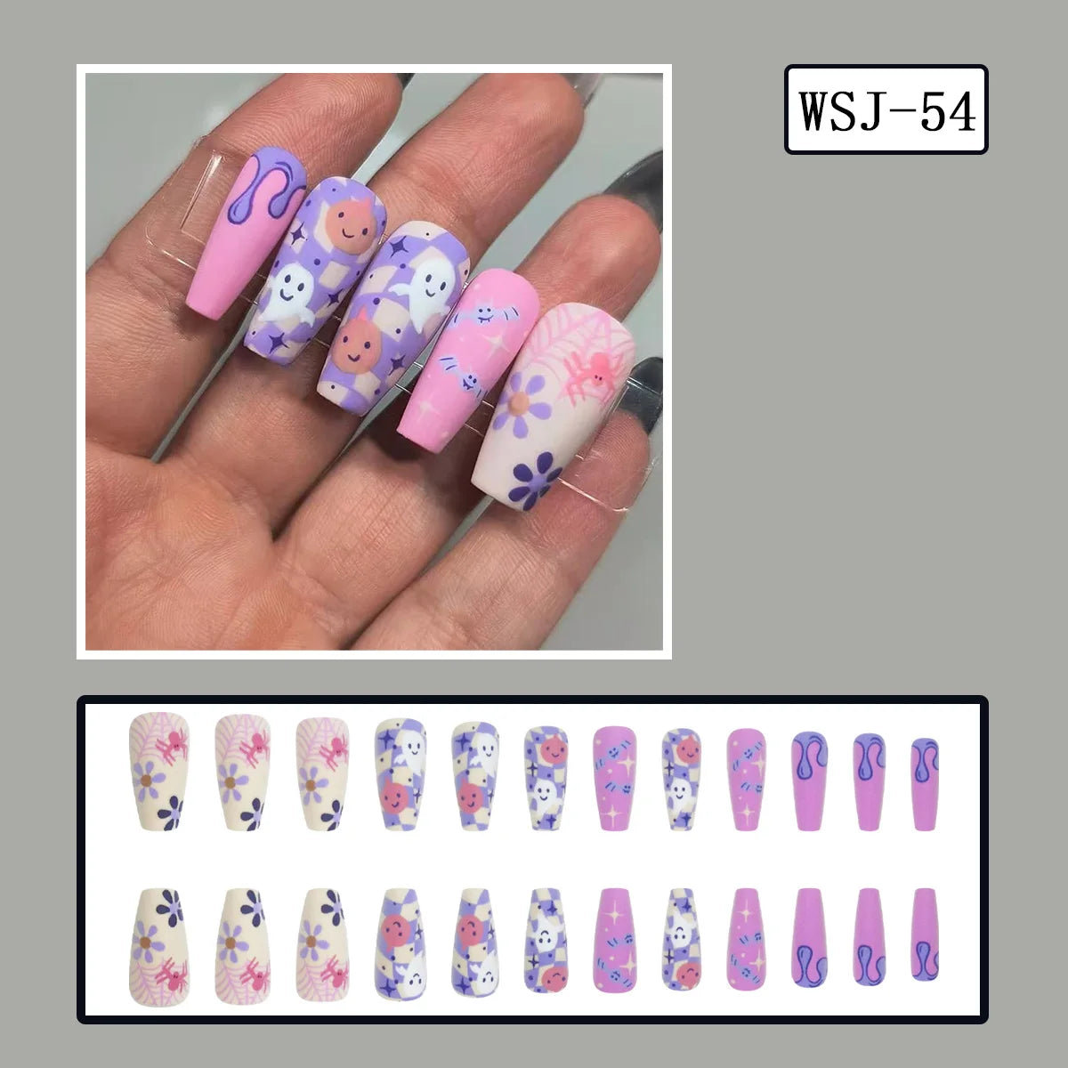 24pcs Pink Long Coffin Fake Nail Tips Halloween Ghost Bat Print Press on Nail Wearable Detachable European Long False Nails Good Vibrations