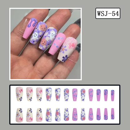 24pcs Pink Long Coffin Fake Nail Tips Halloween Ghost Bat Print Press on Nail Wearable Detachable European Long False Nails Good Vibrations