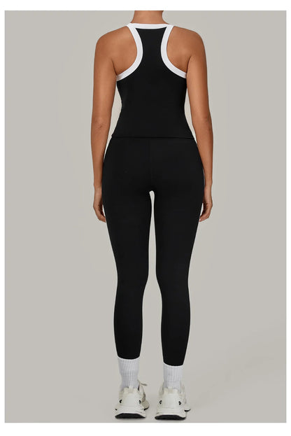 Autumn Yoga Outfit for Women V Neck Sports Tank Top Sets with Chest Pad Workout Leggings Sports Tracksuit Jogging Tights Good Vibrations