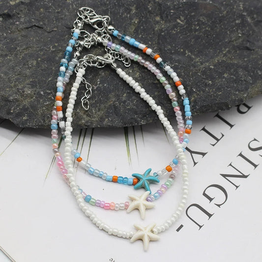 Bohemian Beach Shell Starfish Beaded Handmade Sea Turtle Charm Anklet Bracelet Fashion Jewelry For Women Summer Beach Party Good Vibrations