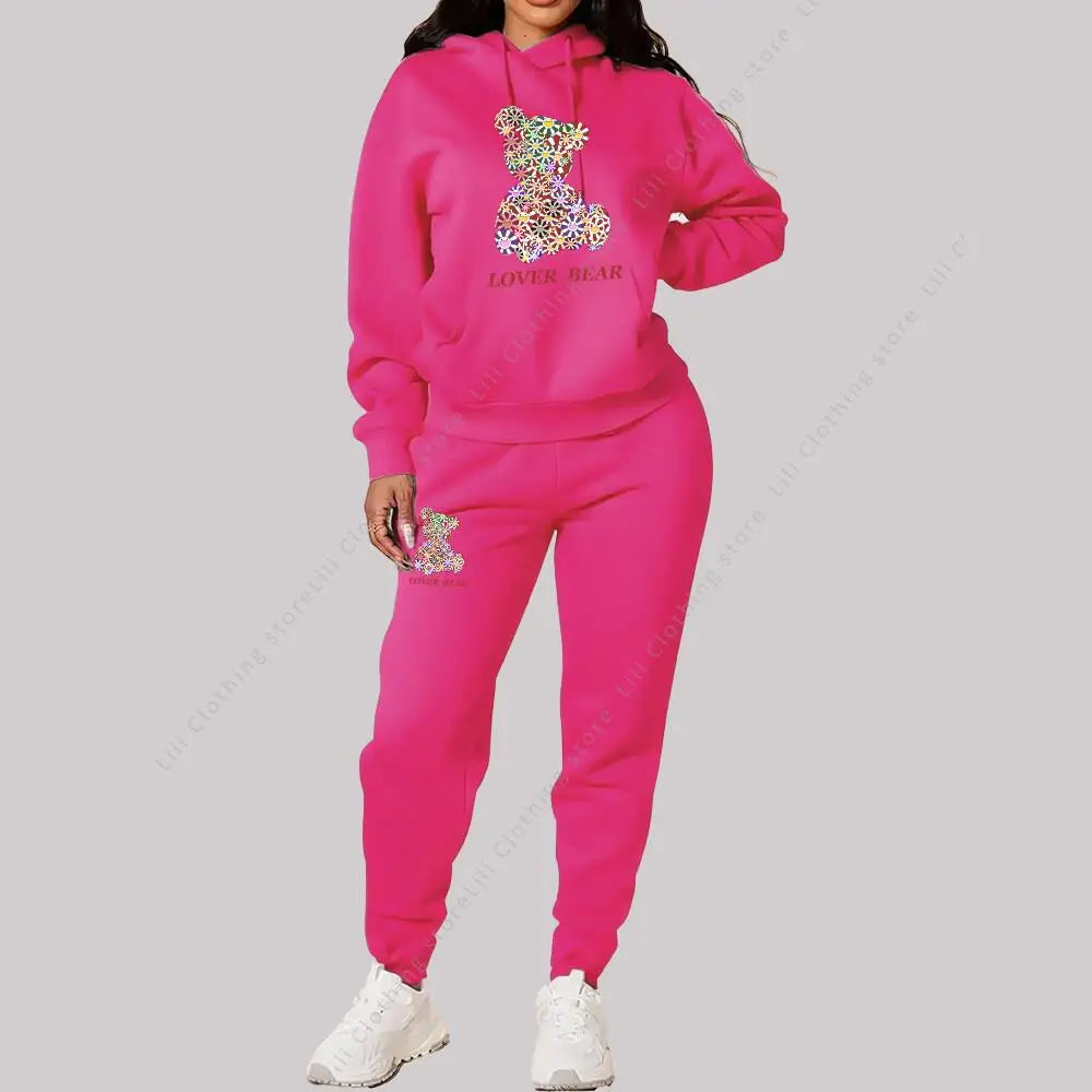 Women's Sets Hoodies Pants Outfits Suit 2025 New Sportswear Sweatsuit Bear Graphic Letter Print Aesthetic Trend Ladies Tracksuit Good Vibrations