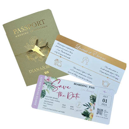 30/55pcs Sage Green Invitation, Custom Paper Passport Tickets Invite Cards With Acrylic Plane, Travel Wedding Theme Template Good Vibrations