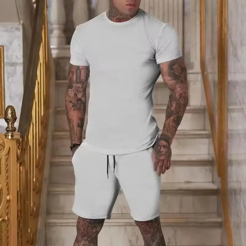 2025 Fashionable and casual summer outdoor sports suit men's breathable T-shirt shorts casual and fashionable two-piece set Good Vibrations