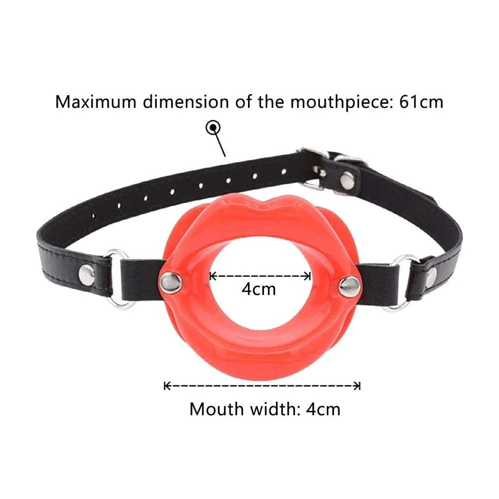 Red silicone lips O ring gag with adjustable black strap for adult BDSM games and bondage restraints