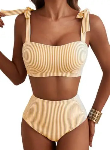 Women Two-piece Halter Vest Swimwear Sexy Striped Ruffle High Waisted Bikinis Set Female Bathing Suit Tie Strap Beachwear Good Vibrations